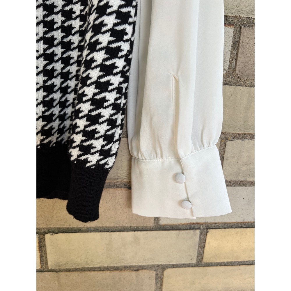 Adrianna Papell Black White Houndstooth Tie Neck Layered Top Sweater Size Small - Picture 5 of 5